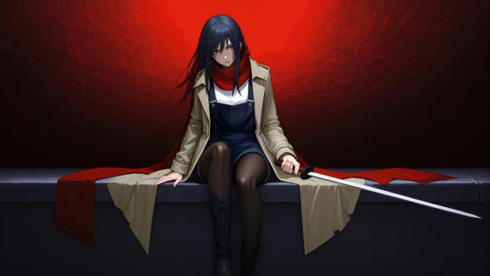 Scarlet Vigil Anime Warrior Girl with Long Black Hair and Sword wallpaper