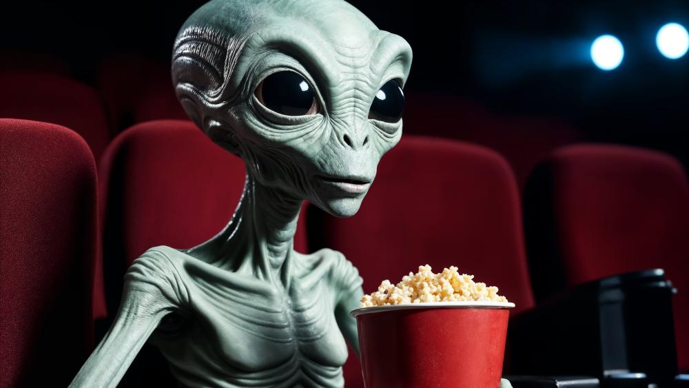 Grey Alien Movie Night Popcorn and Big Eyes in 4K wallpaper