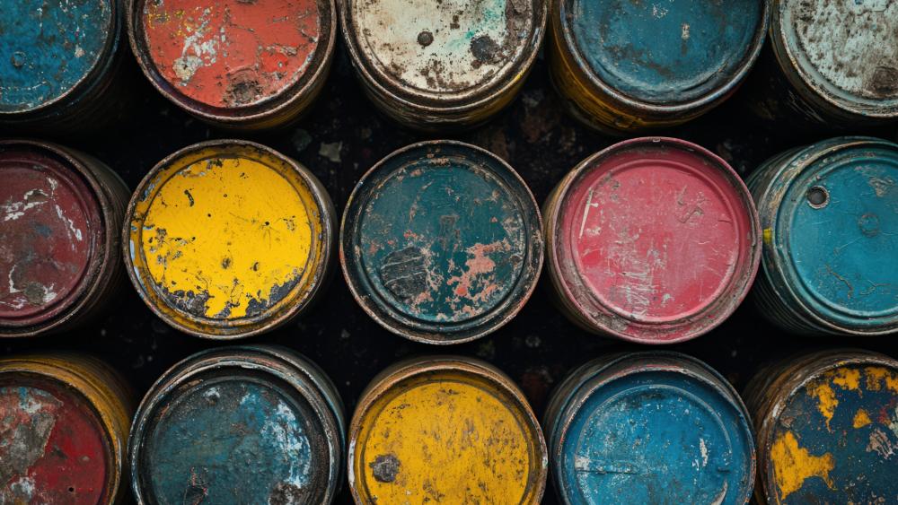 Weathered Tin Lids in Bold Industrial Color Grid wallpaper
