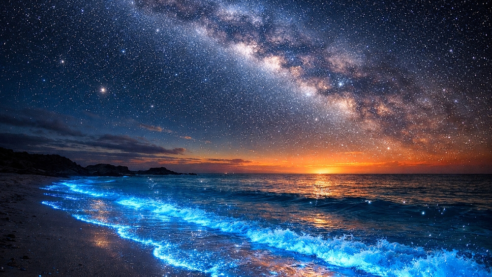 Bioluminescent Shore Beneath the Milky Way at Twilight wallpaper