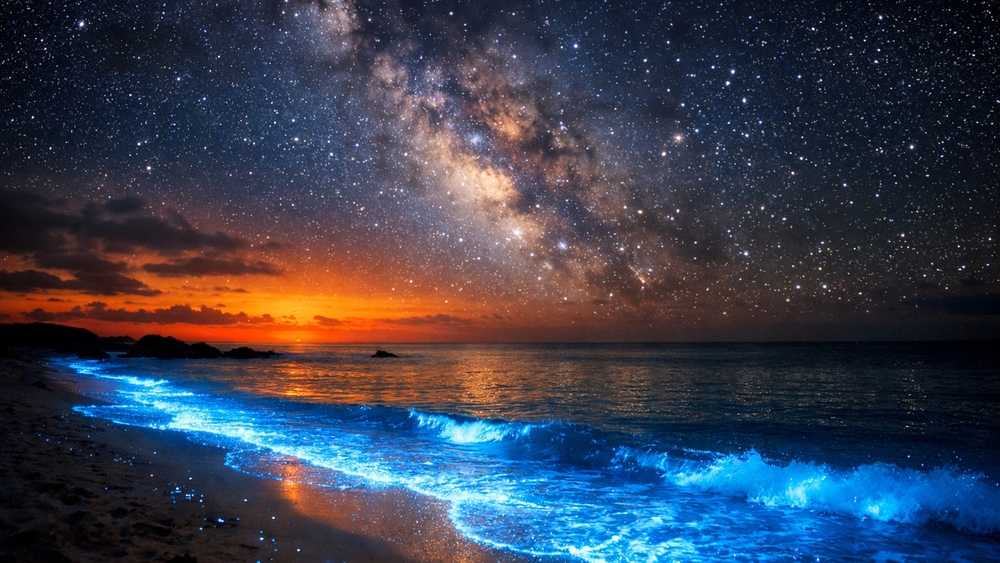 Milky Way Over Bioluminescent Shoreline at Midnight wallpaper