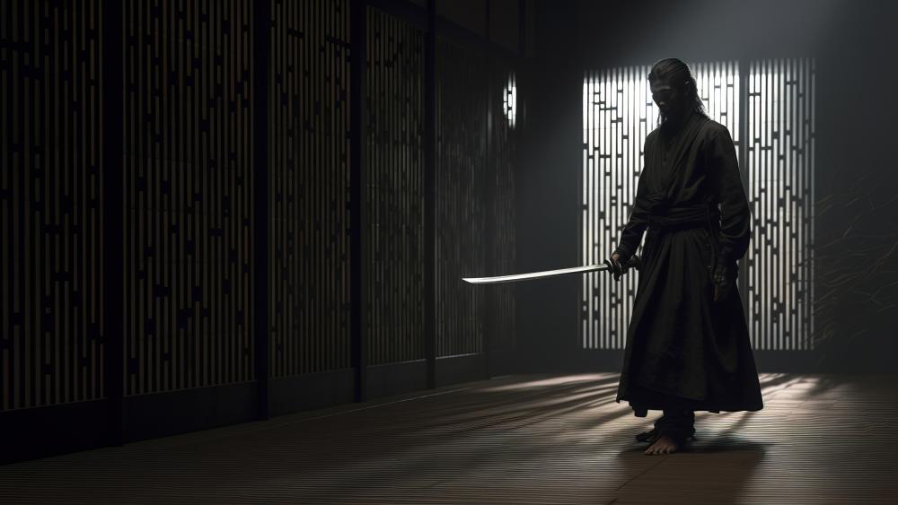 Shadowbound Ronin with Drawn Katana in Silent 4K Darkness wallpaper