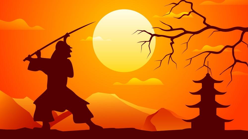 Silent Ronin Silhouette Under the Burning Dusk Sun wallpaper