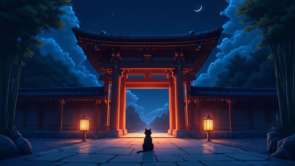 Moonlit Temple Gate with Lone Anime Cat at Dusk wallpaper