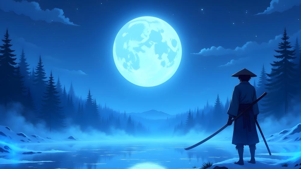 Moonlit Samurai Vigil Over a Frozen Lake in Blue Dusk wallpaper