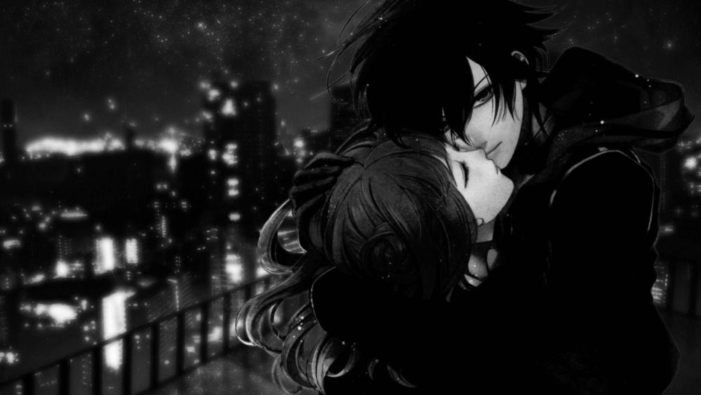 Monochrome Midnight Embrace of an Anime Couple Above the City Lights wallpaper