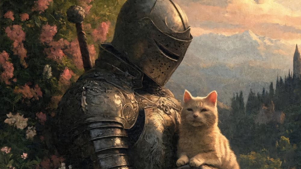 Armored Knight and White Cat Companion in Spring Blossom Calm wallpaper
