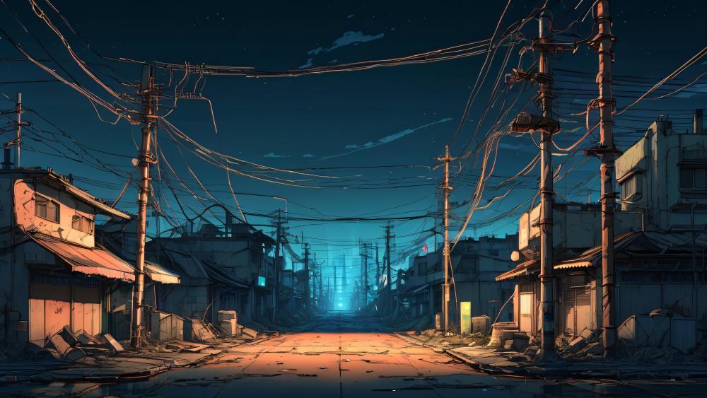 Silent Midnight Street Beneath Tangled Power Lines Anime Wallpaper wallpaper