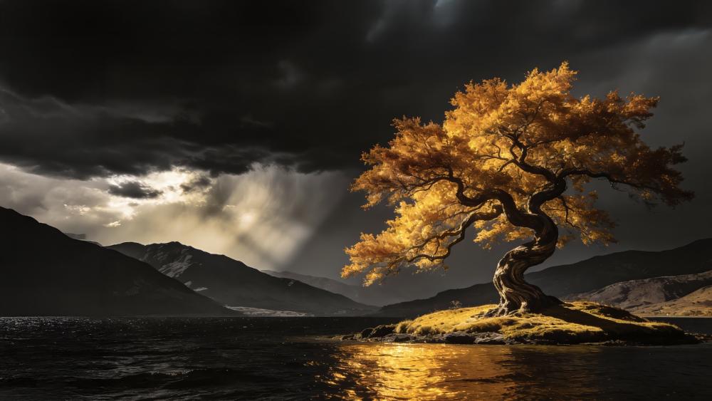 Golden Lone Tree Guarding a Stormlit Lake at Dusk wallpaper