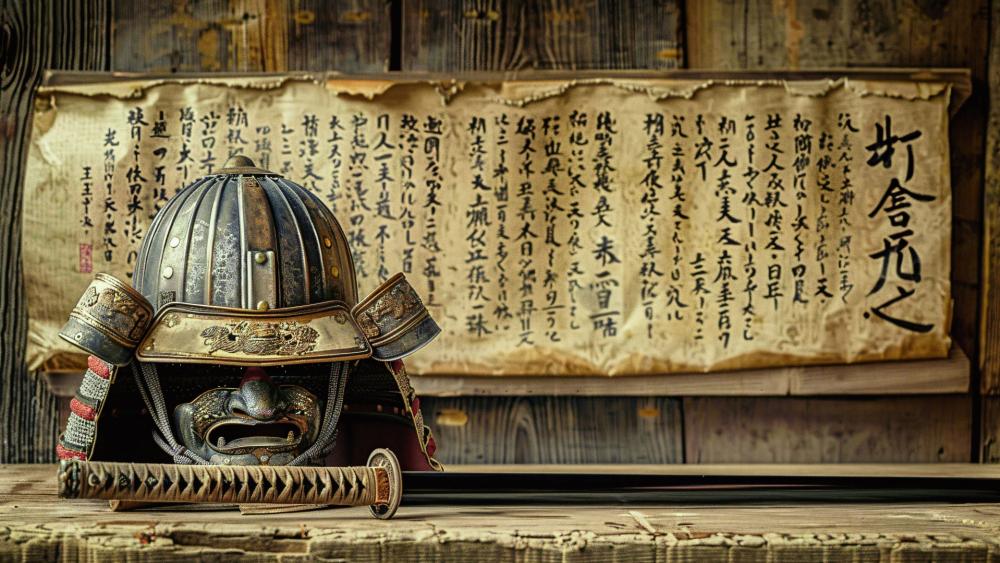 Bushido Relic Samurai Helmet Before Ancient Calligraphy Scroll wallpaper