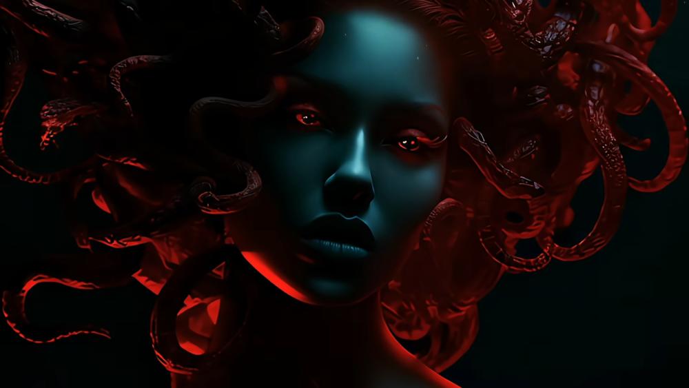 Crimson Shadow Medusa in Neon Noir Aesthetic wallpaper