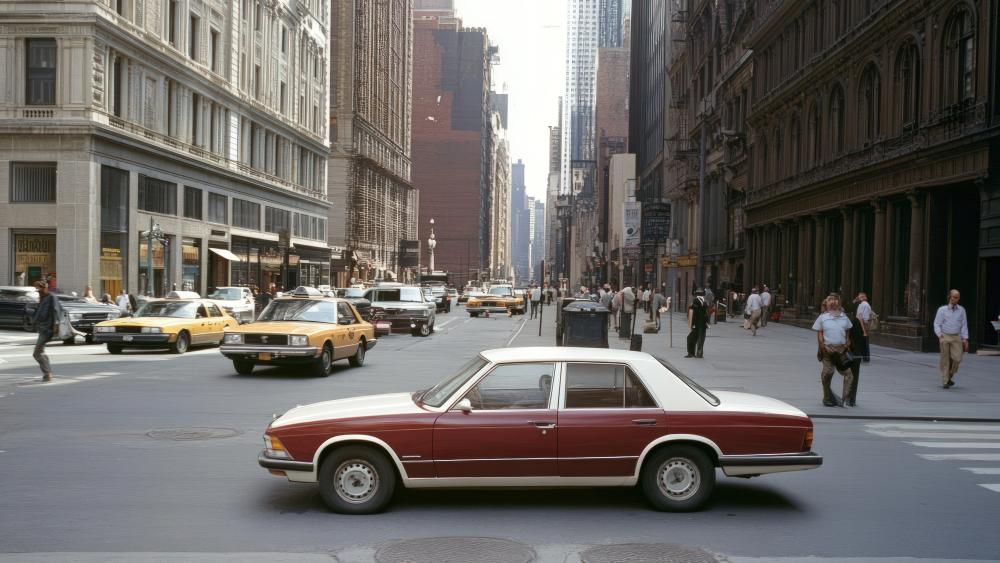 Classic Car Glide Through a Timeless Downtown Avenue wallpaper