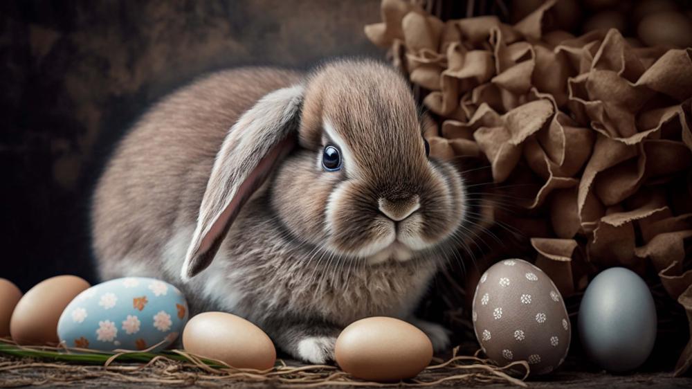 Cozy Easter Bunny Nestled Among Pastel Eggs in 4K wallpaper