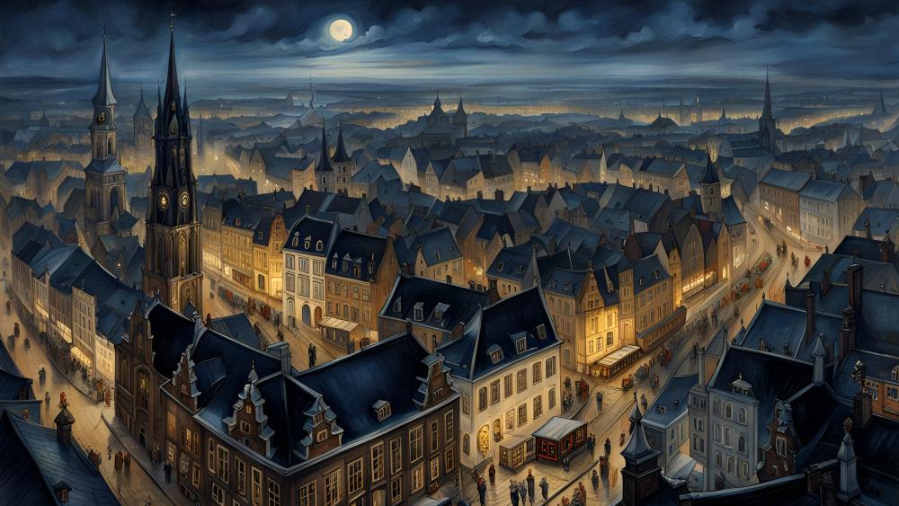Moonlit Spires Over an Enchanted Old World Cityscape in 8K wallpaper