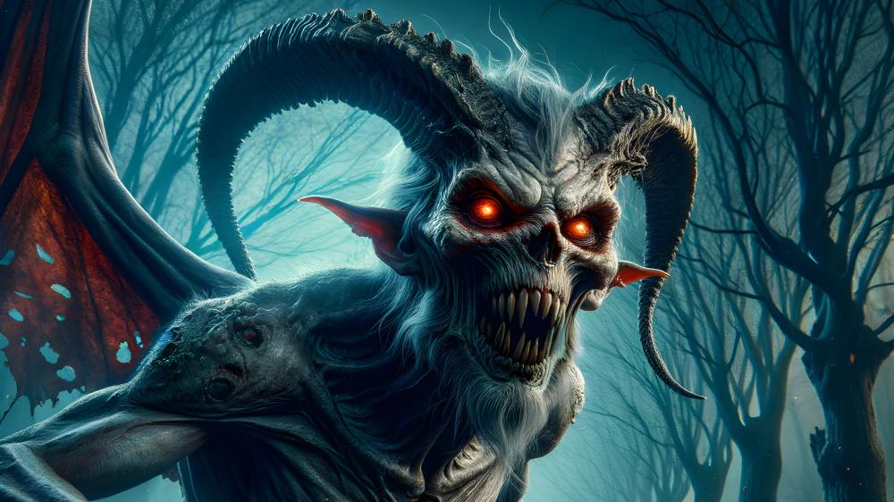 Horned Night Stalker with Glowing Eyes in Haunted Forest Mist wallpaper