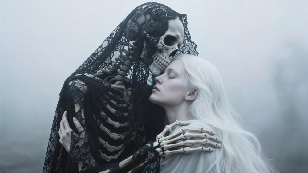 Death’s Embrace Gothic Romance in Silver Mist wallpaper