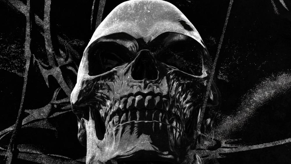 Monochrome Ghost Skull in Shadowed Metal Darkness 4K wallpaper