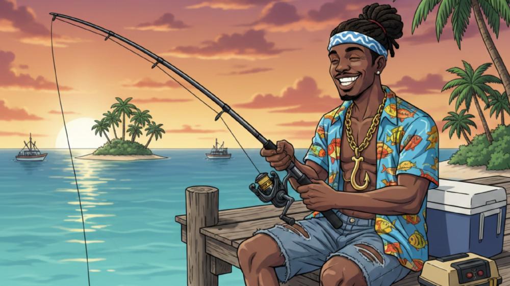 Sunset Island Fishing Joy Anime Vibes wallpaper