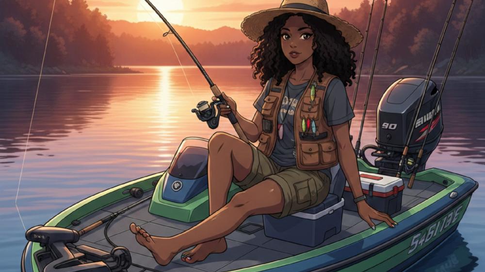 Sunset Lake Fishing Adventure on a Quiet Bass Boat wallpaper