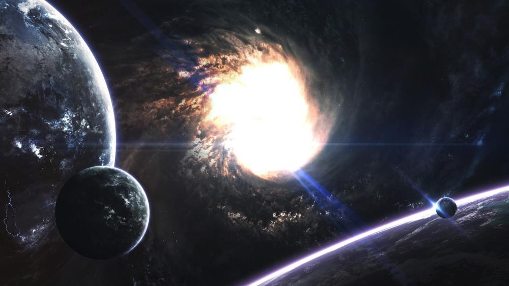 Blazing Galactic Core Beyond Distant Planets and Rings wallpaper