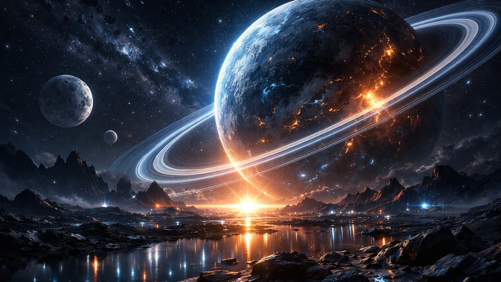 Rings of Fire Above an Alien Midnight Shore wallpaper