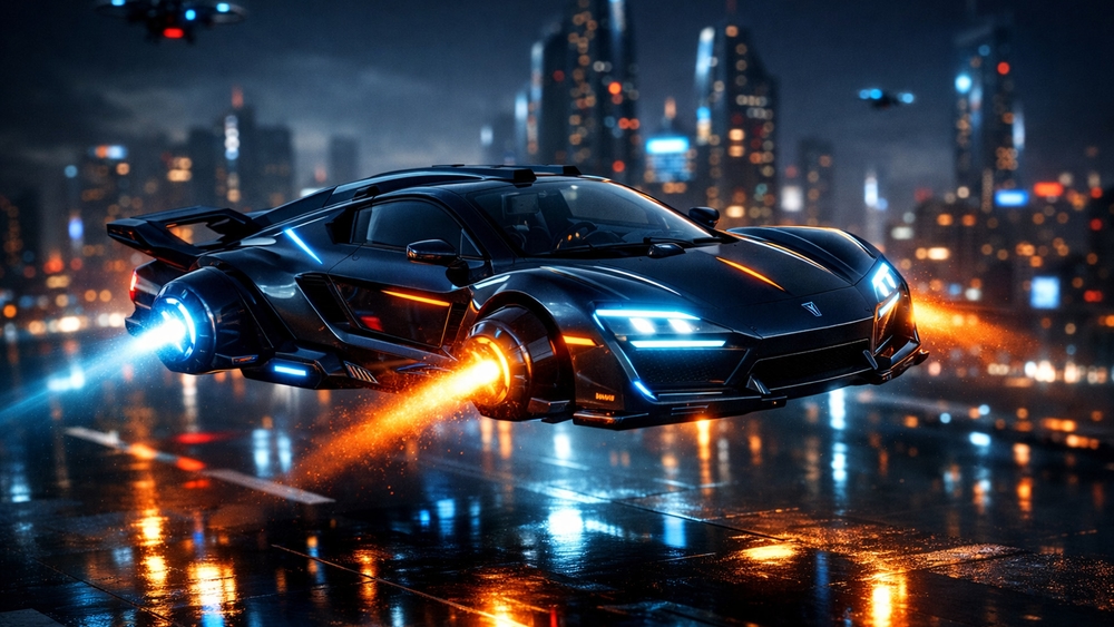 Neon Jet Supercar Over Rainy Cyberpunk Skyline wallpaper