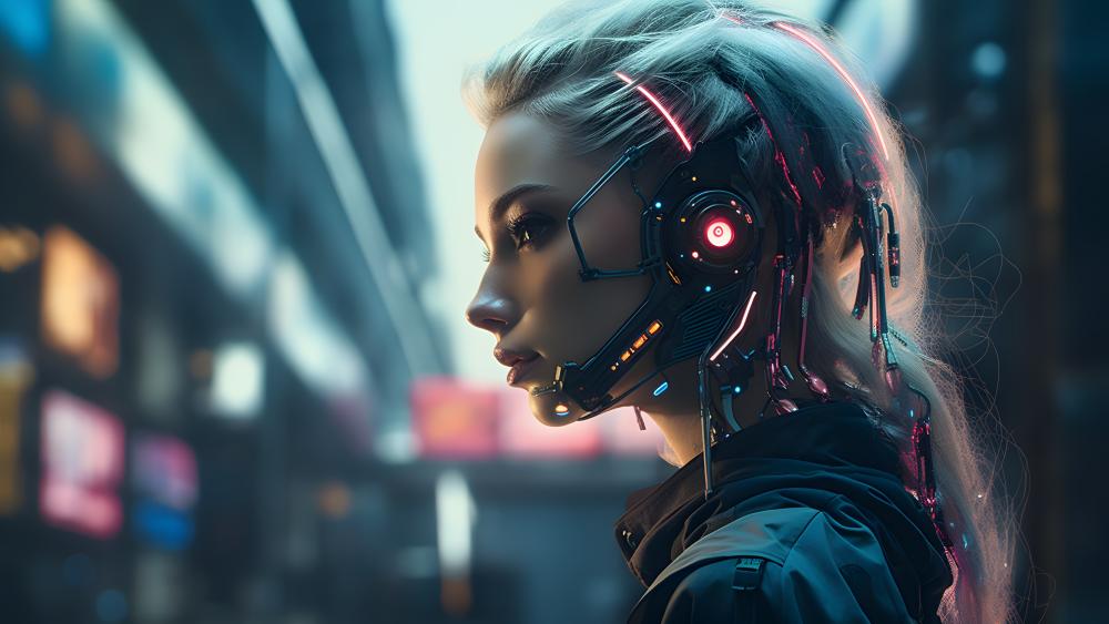 Neon Serenity Cyberpunk Blonde in a Rainy Future City wallpaper