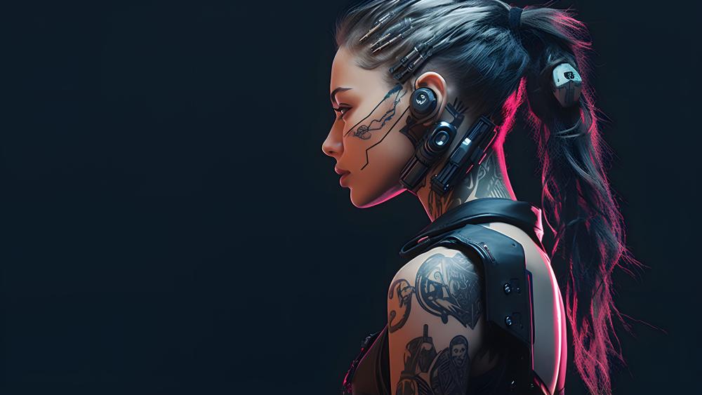 Neon Shadow Cyberpunk Girl Portrait on Deep Black Background wallpaper