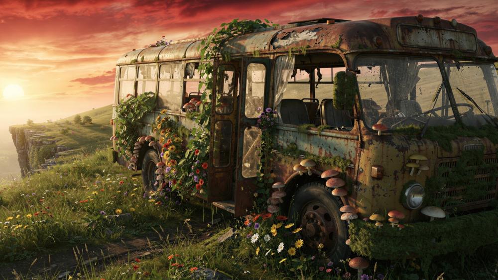Rustbound Minibus Garden at Sunset in a Forgotten Fantasy Field wallpaper