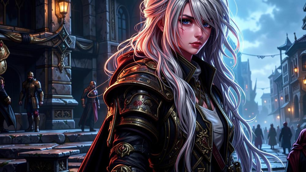 Silver Haired Warrior Girl in a Midnight Fantasy City wallpaper