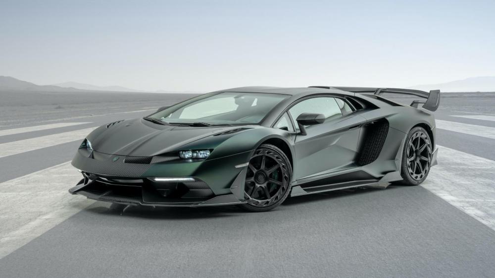 Monochrome Mansory Cabrera Lamborghini Aventador SVJ on Open Desert Runway wallpaper