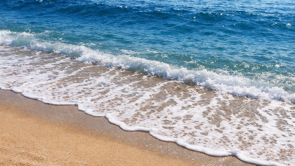 Foamy Seawave Kissing the Sandy Shore in Sunlit Blue Calm wallpaper