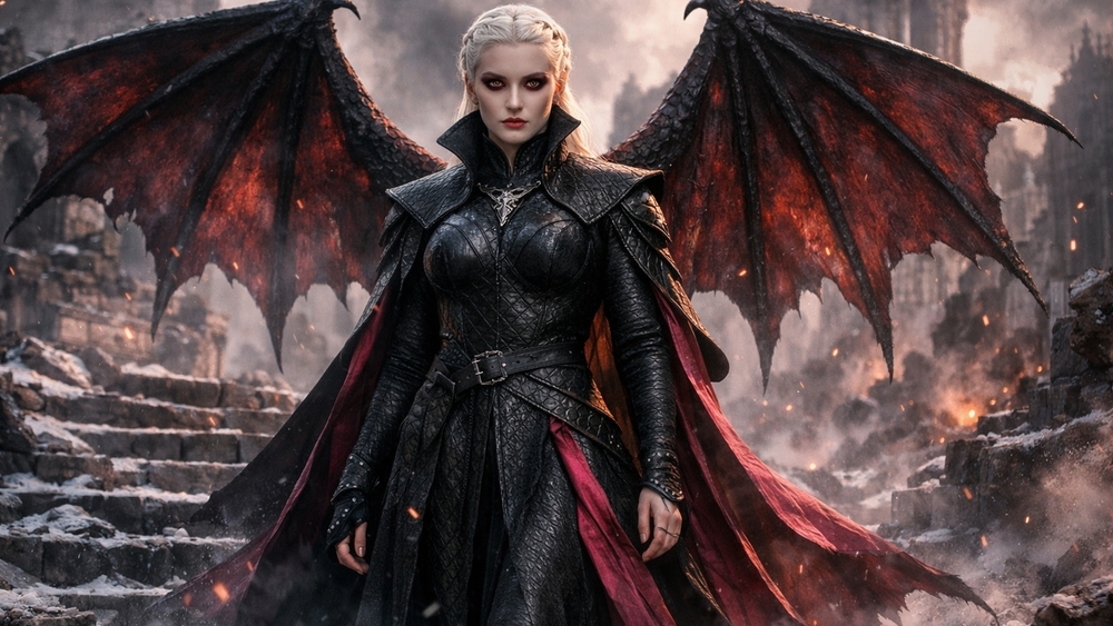 White Haired Winged Vampire Queen in Cinematic Ruins wallpaper