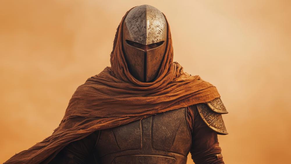 Silent Desert Knight in Weathered Armour at Golden Dusk wallpaper