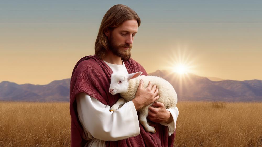 Shepherd of Dawn Holding the Lamb in Gentle Light wallpaper