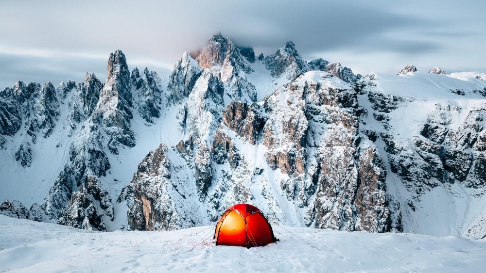 Winter Camp Beneath the Dolomites Snowy Spires wallpaper