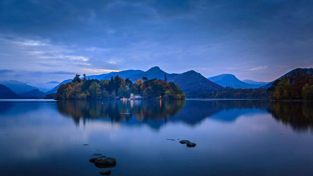 Twilight Calm Over Derwent Island House on Derwentwater Lake wallpaper