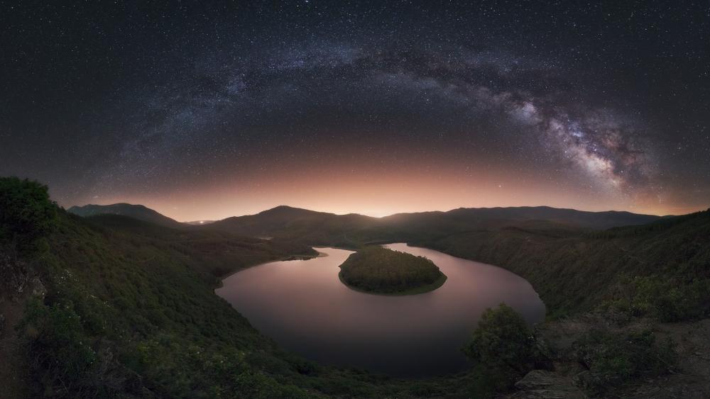 Milky Way Arch Over Meandro del Melero Night Bend Spain wallpaper