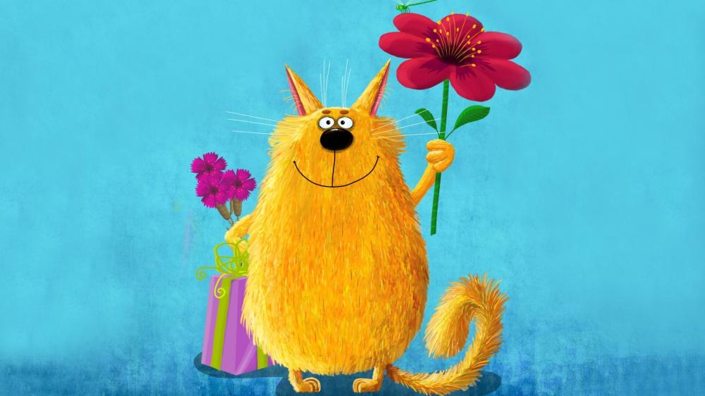Fluffy Golden Cat Offering a Giant Flower and Tiny Bouquet wallpaper