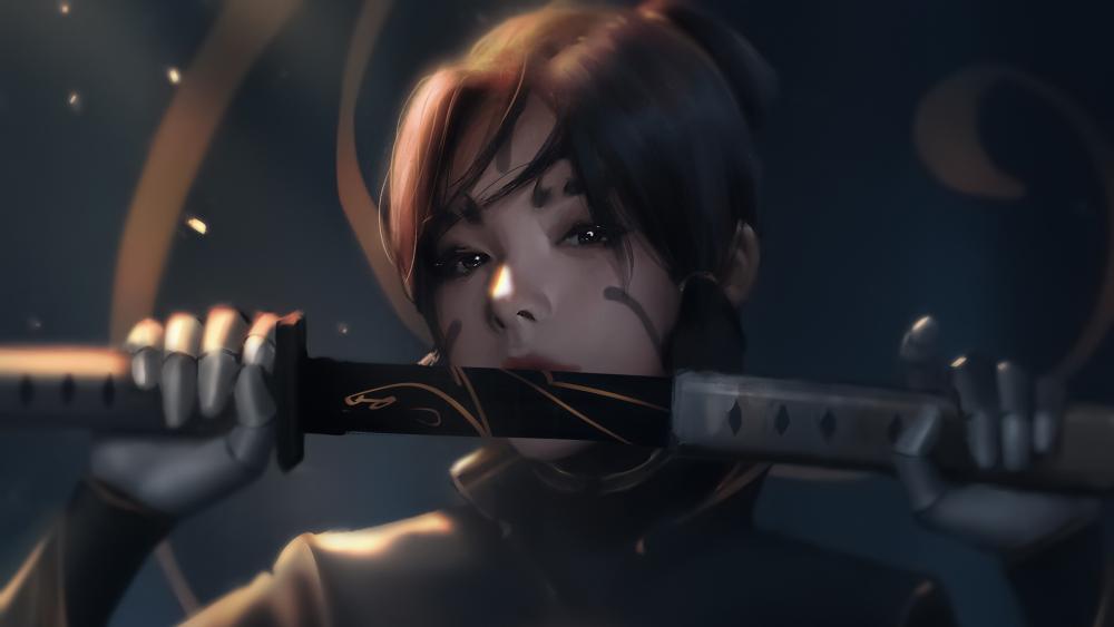 Shadowed Swordswoman With Black Hair and Steel Resolve wallpaper