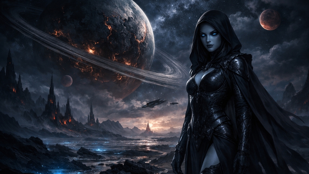 Moonlit Demoness in Cloak Beneath Ringed Planet Skies wallpaper