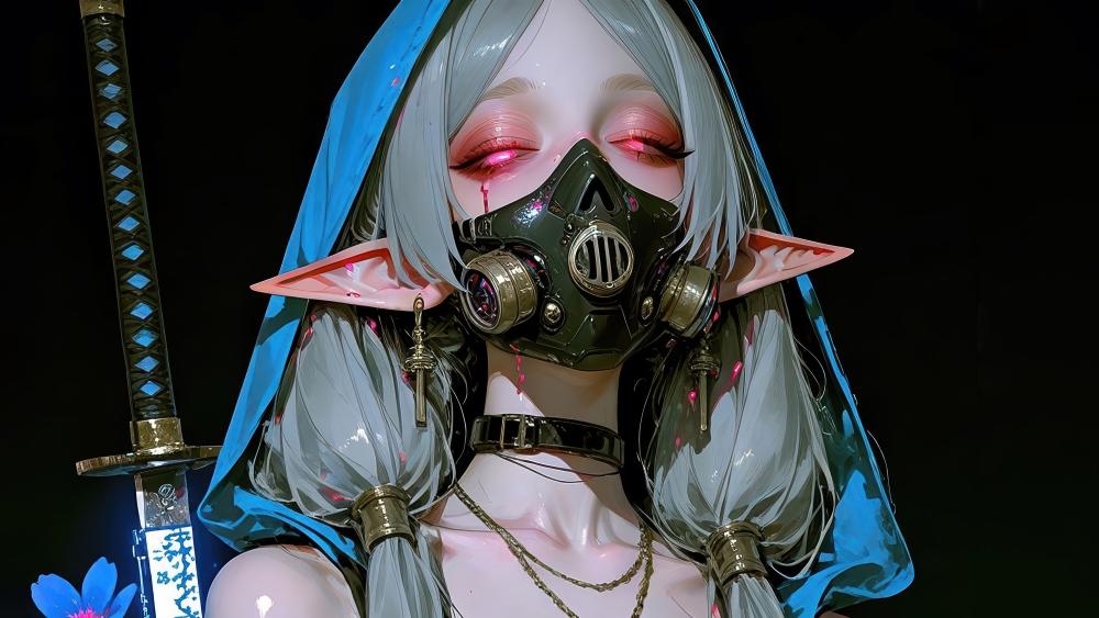 Futuristic Elf Swordswoman in Gas Mask Under Neon Glow wallpaper