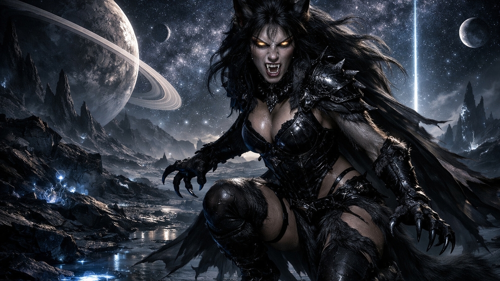Moonlit Demoness Werewolf Under Ringed Planets in Gothic Dark Fantasy wallpaper