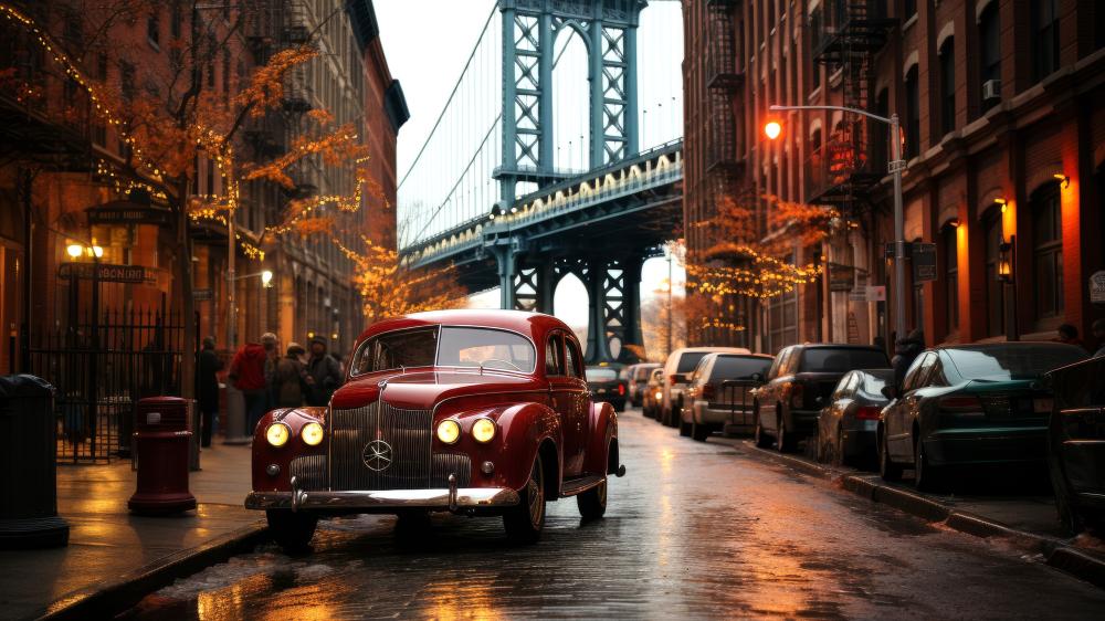Crimson Vintage Sedan Under City Bridge in Rainy Twilight Glow wallpaper