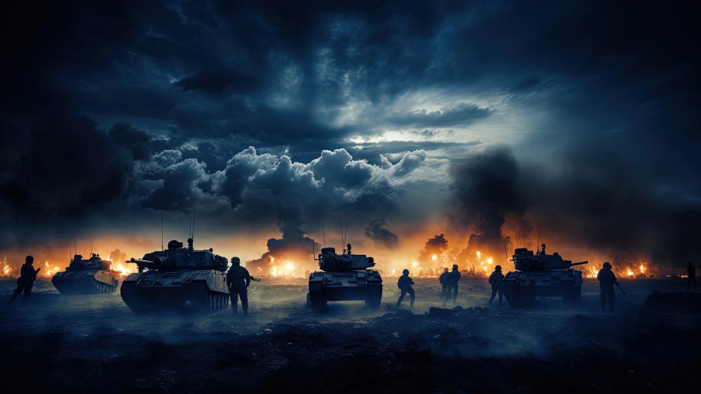 Armored Advance Through Smoke and Fire Under a Stormy Sky wallpaper