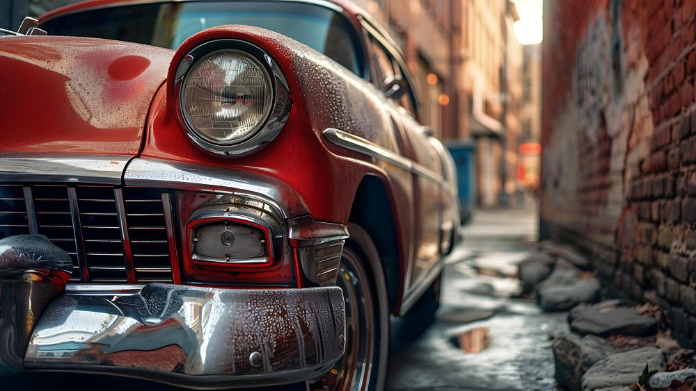 Rain Kissed Red Classic Chevrolet in a Gritty Alleyway wallpaper