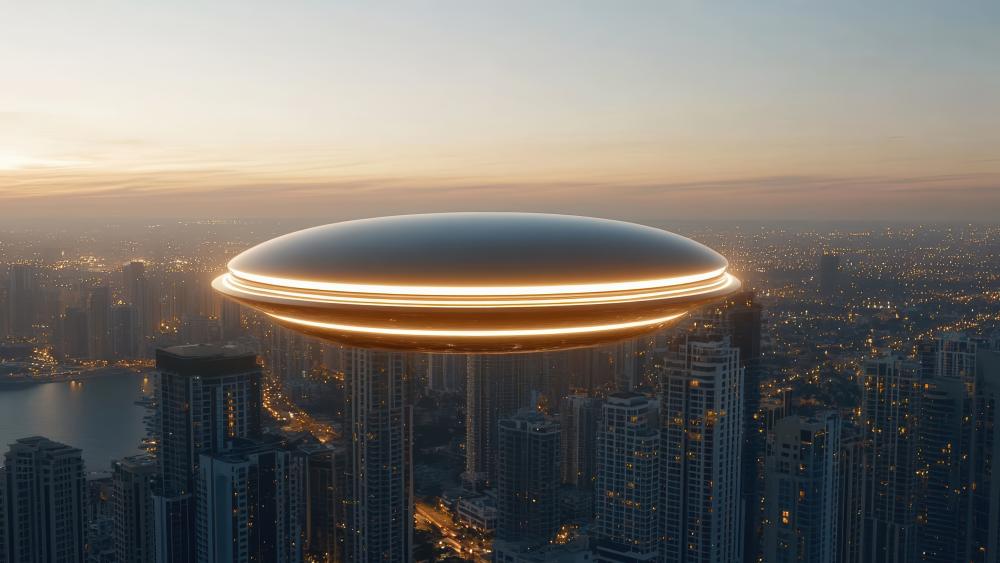 Luminous UFO Over Twilight Skyscrapers in a Futuristic Fantasy Skyline wallpaper