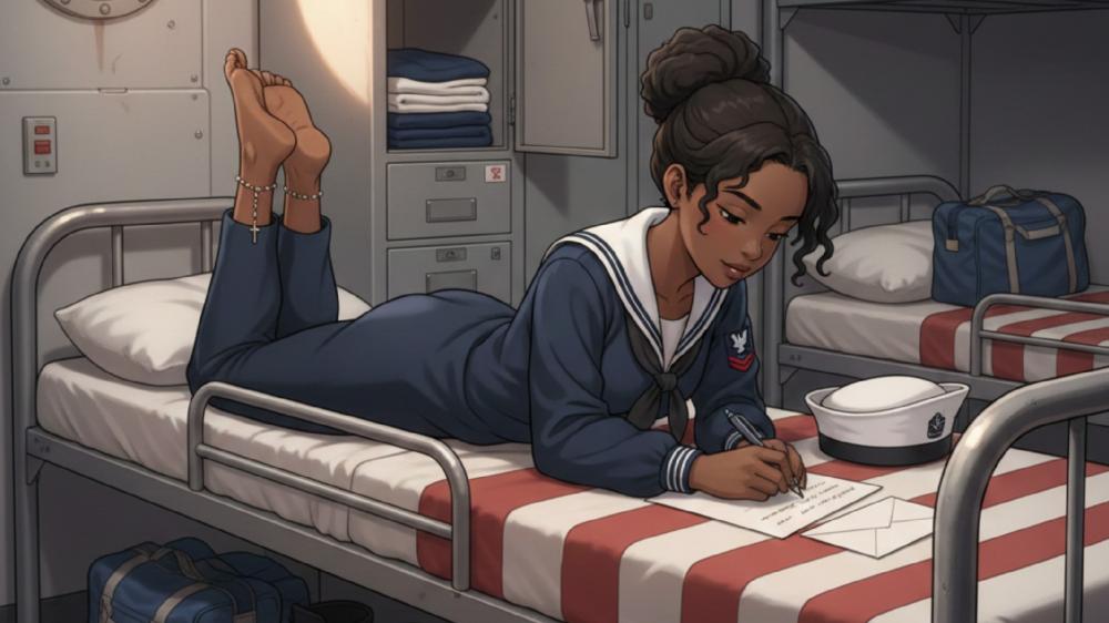 Quiet Barracks Letter Writing Anime Female Soldier in Navy Uniform wallpaper