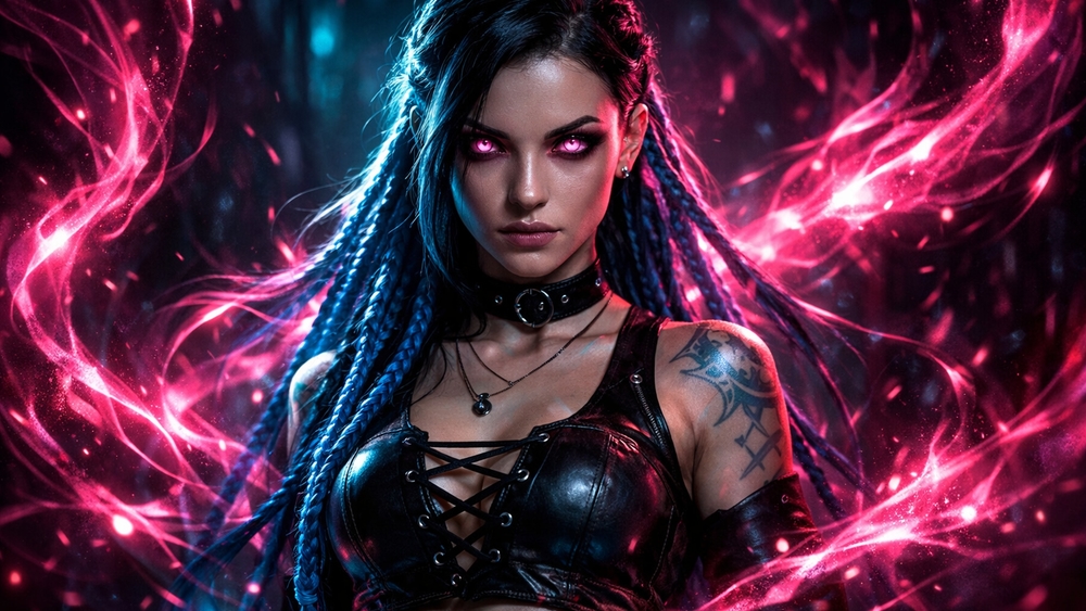 Neon Storm Sorceress with Blue Braids and Pink Glowing Eyes wallpaper