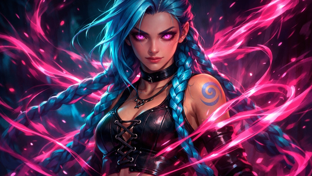 Neon Braid Warrior With Pink Glowing Eyes and Electric Blue Hair wallpaper